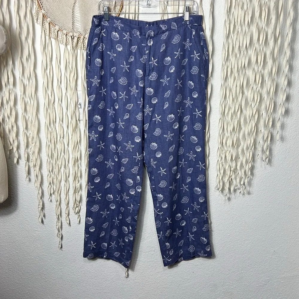 Coldwater Creek Blue Linen Pants with Seashell Design Size 12P